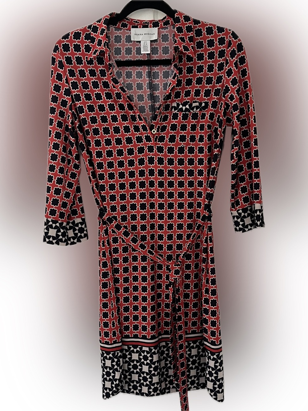 Donna Morgan boho print stretch midi dress, red and navy, women’s size 8 EUC